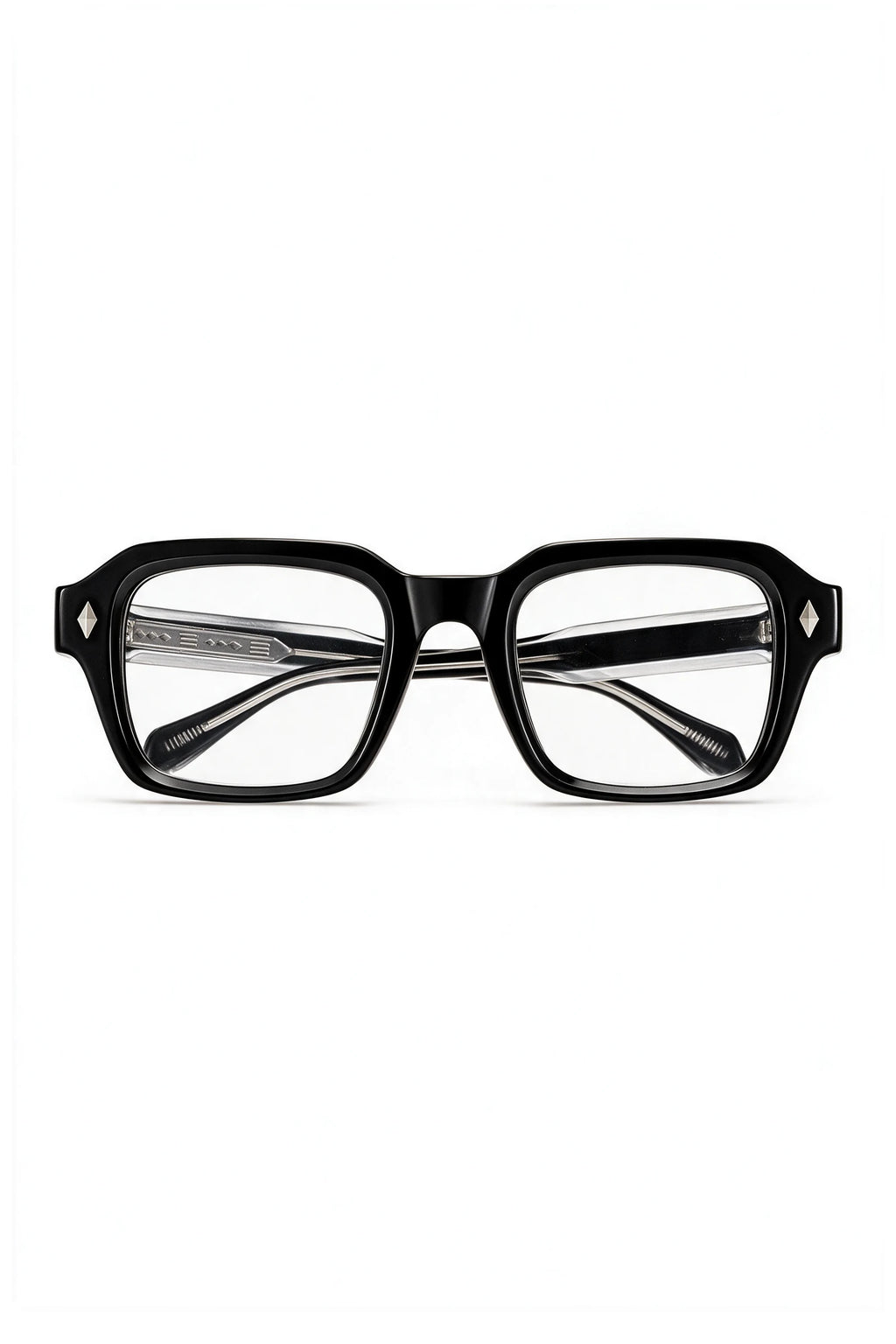 VELA Clear squared rectangular glasses in gloss black with untinted clear lenses, front view on white