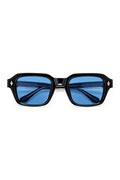 VELA Cobalt squared rectangular sunglasses in gloss black with cobalt blue lenses, front view on white
