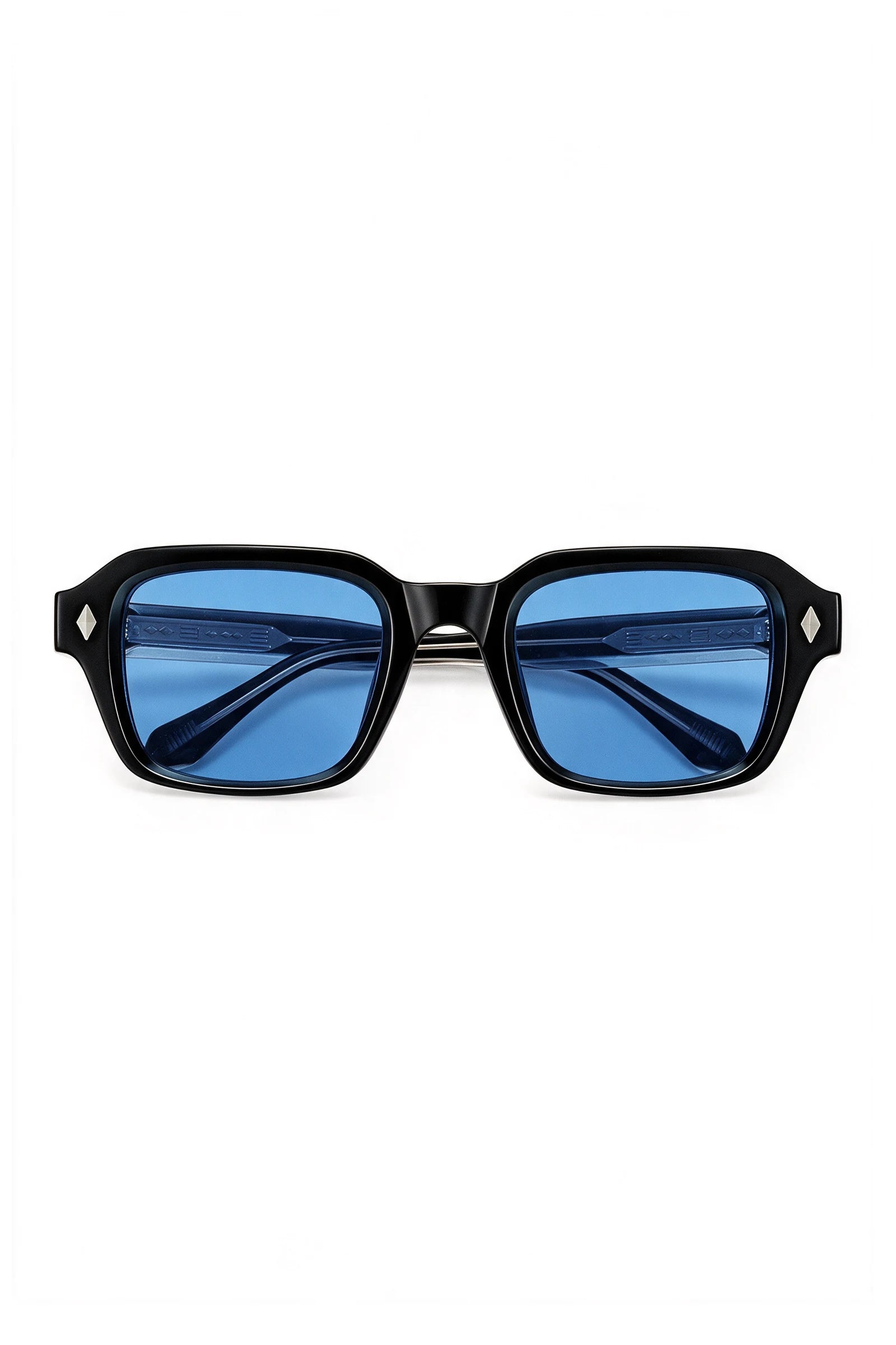 VELA Cobalt squared rectangular sunglasses in gloss black with cobalt blue lenses, front view on white