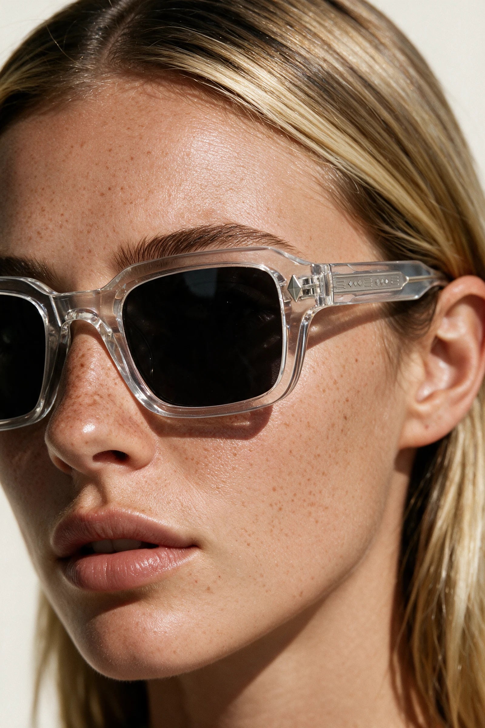 Close-up of VELA Crystal sunglasses showing the keyhole bridge, silver diamond stud and clear temple