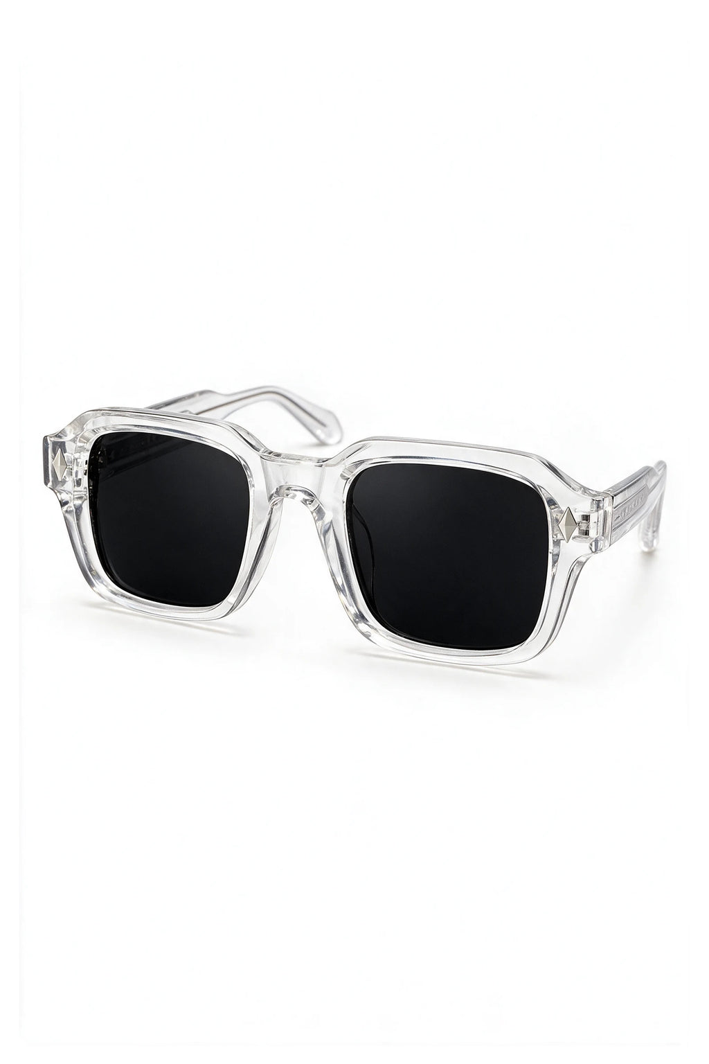 VELA Crystal sunglasses three-quarter view showing the clear temple arm and silver diamond stud