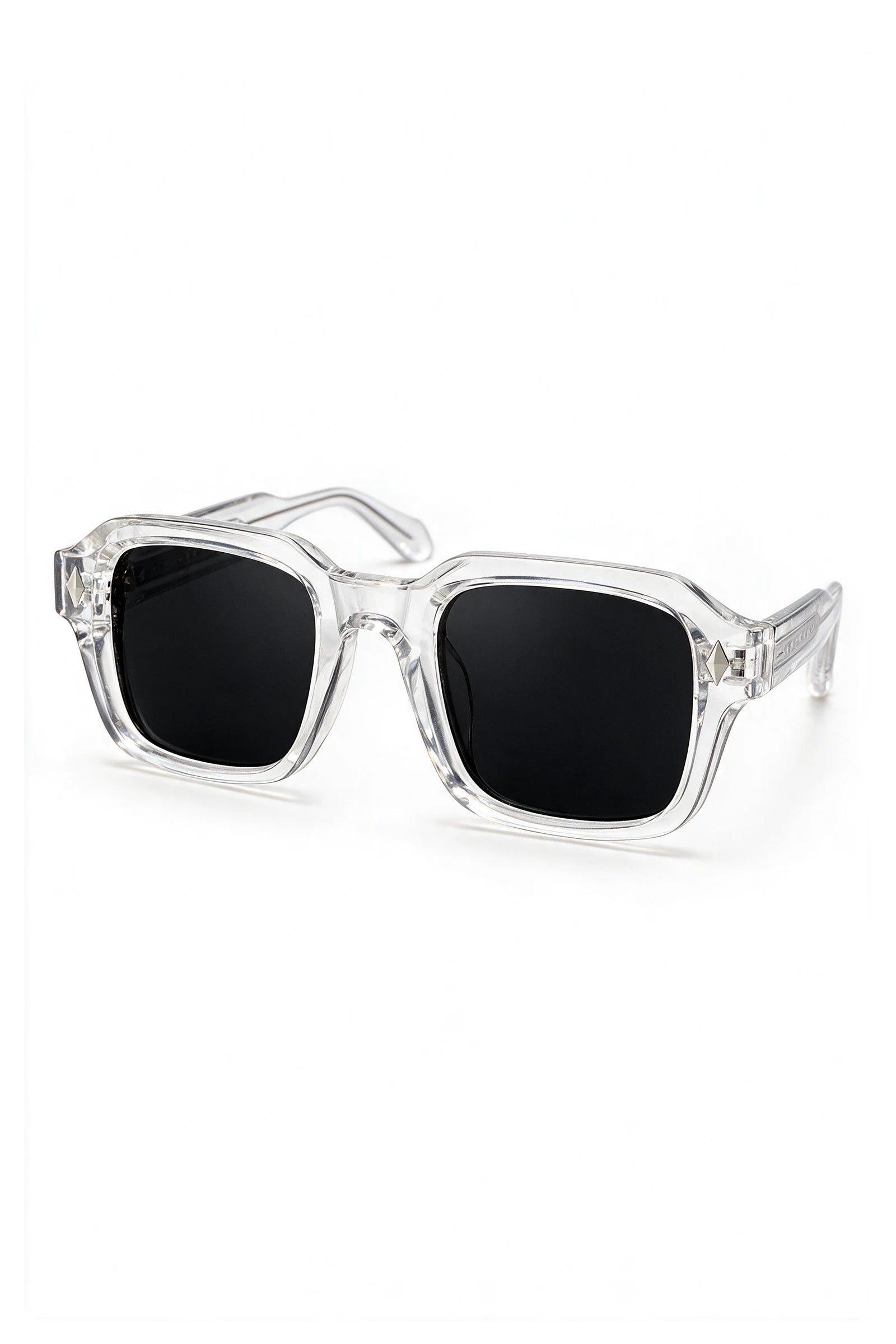 VELA Crystal sunglasses three-quarter view showing the clear temple arm and silver diamond stud