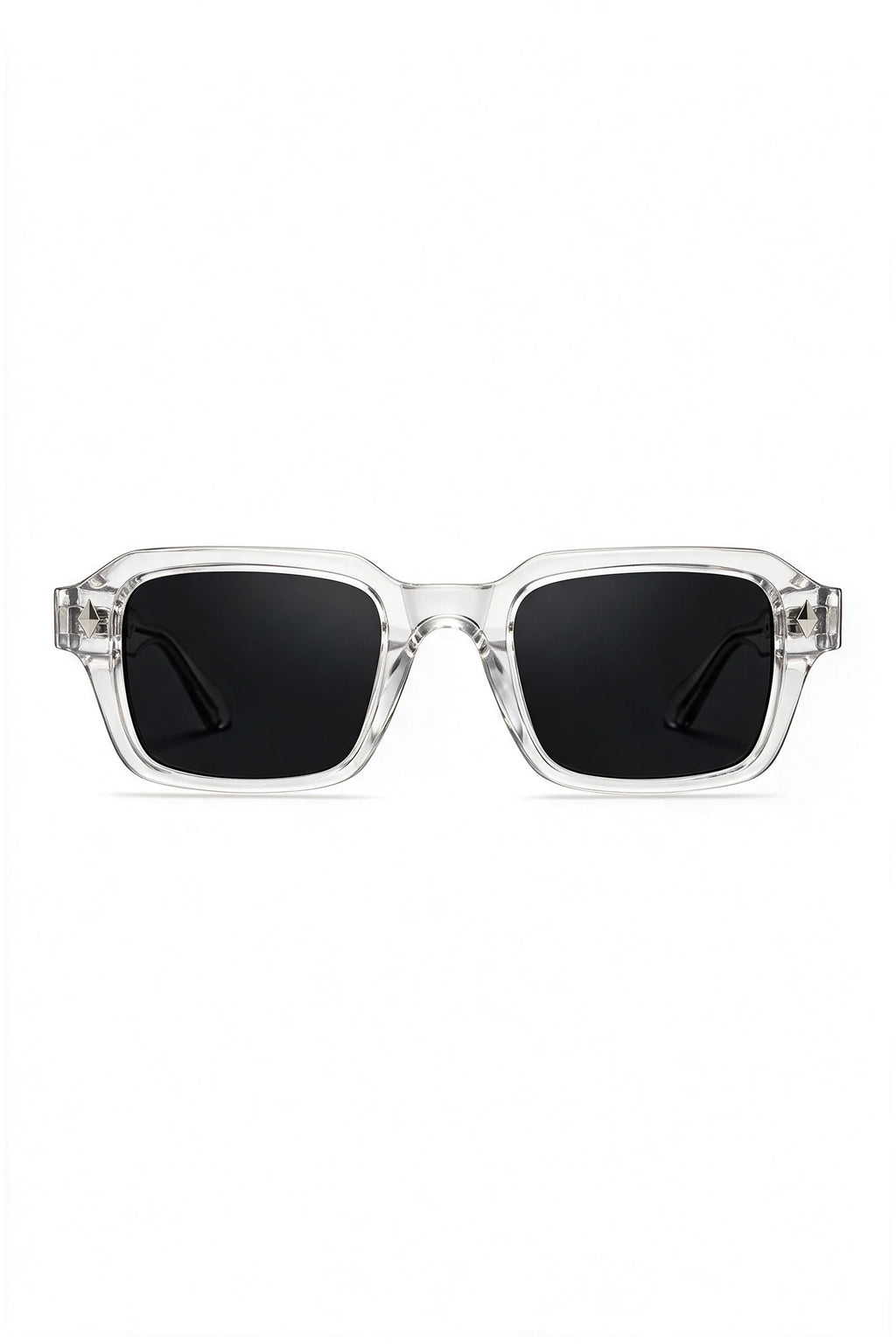 VELA Crystal squared rectangular sunglasses in clear crystal with black lenses, front view on white