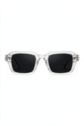 VELA Crystal squared rectangular sunglasses in clear crystal with black lenses, front view on white