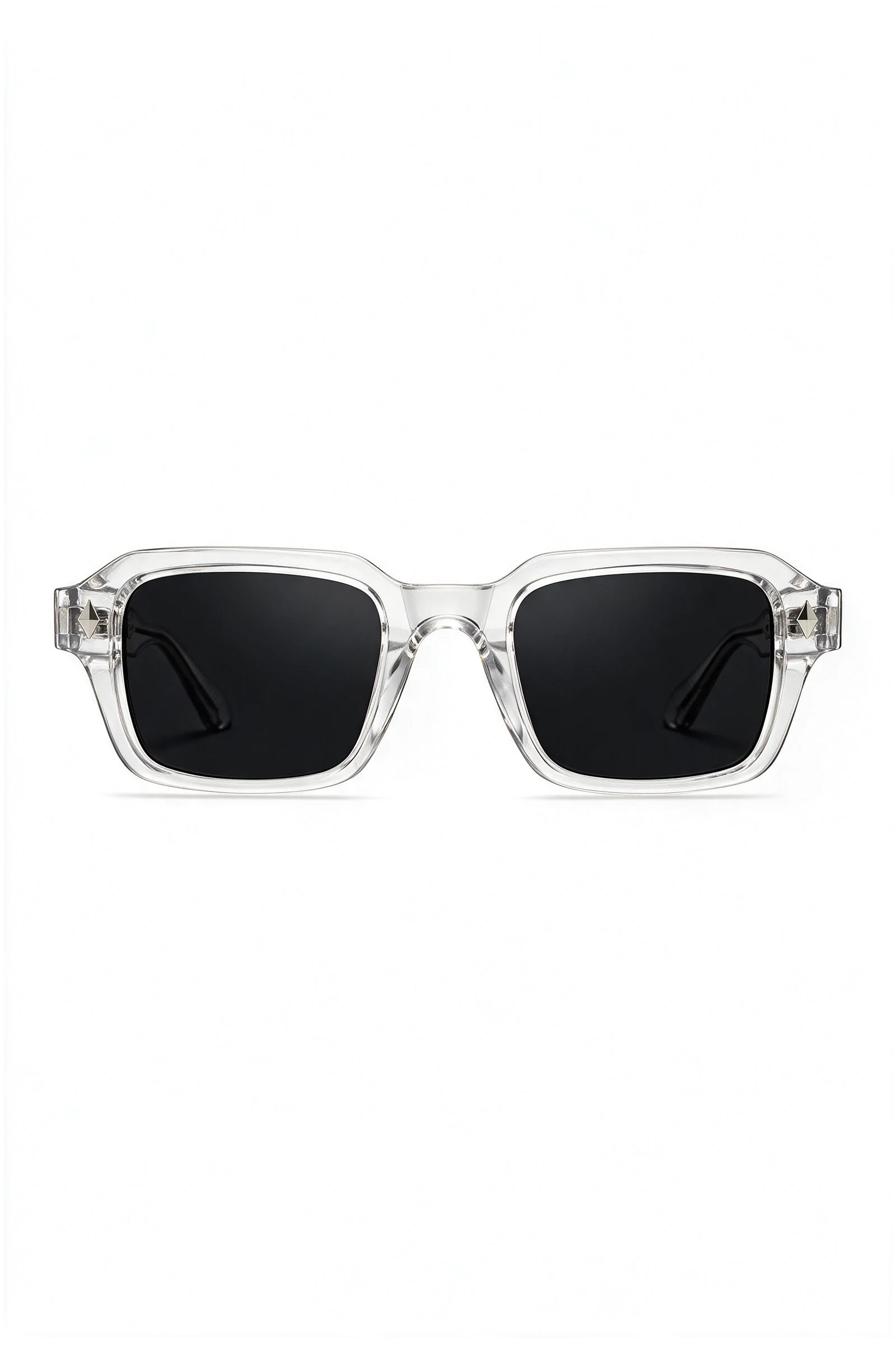 VELA Crystal squared rectangular sunglasses in clear crystal with black lenses, front view on white