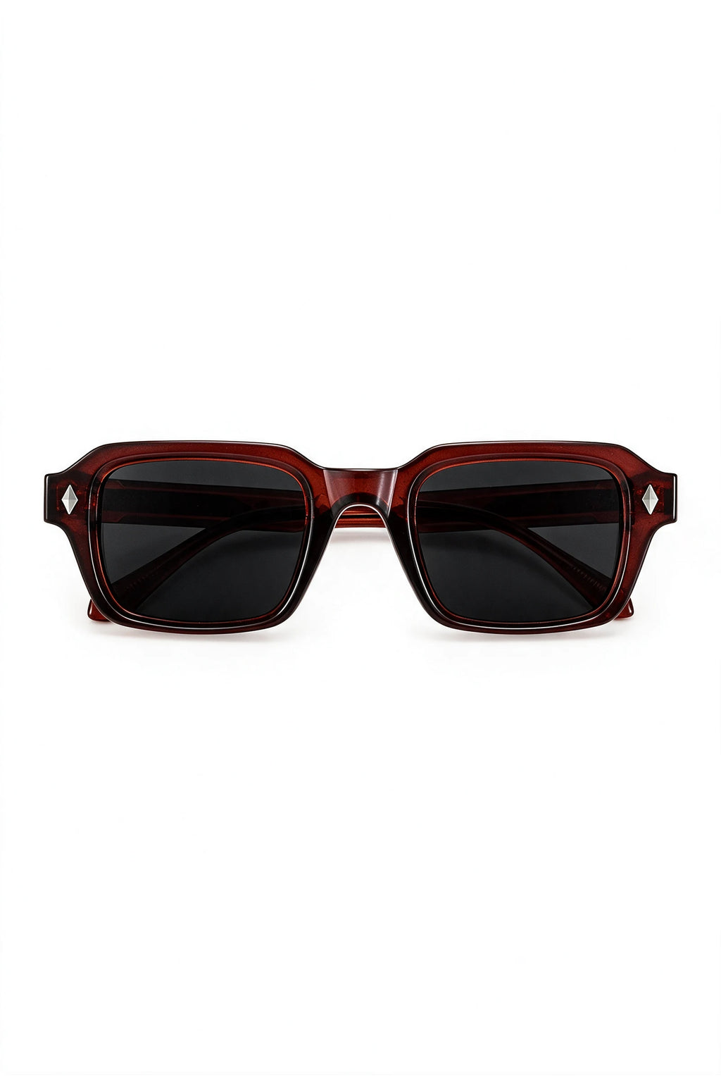 VELA Oxblood squared rectangular sunglasses in translucent oxblood with black lenses, front view on white