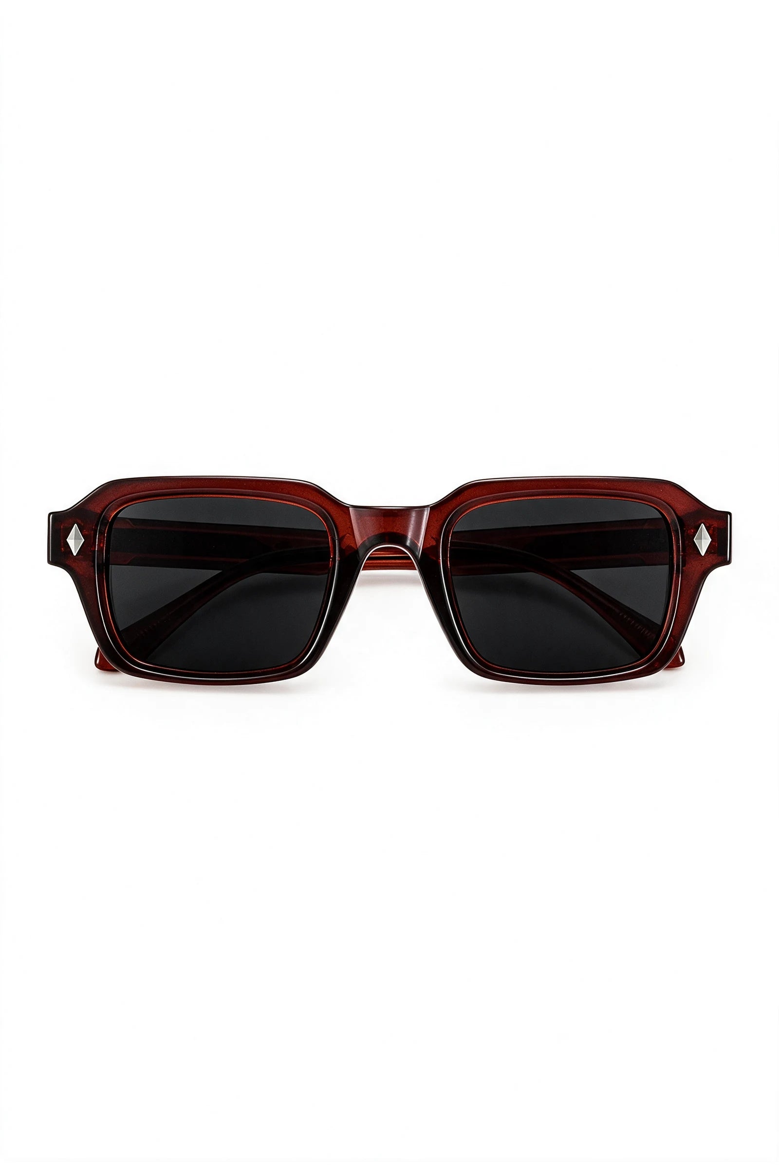 VELA Oxblood squared rectangular sunglasses in translucent oxblood with black lenses, front view on white