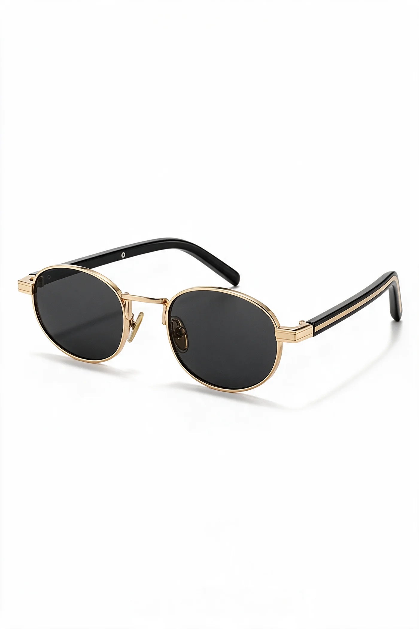 MARA oval sunglasses in black and gold, three-quarter view with temples open