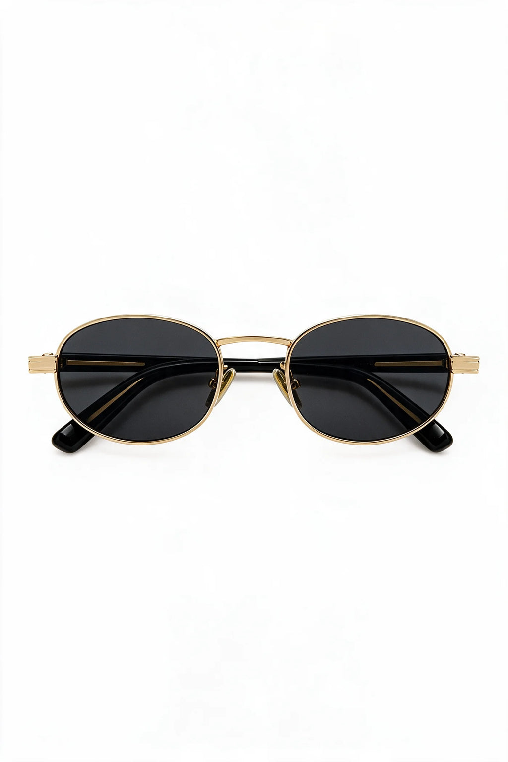 MARA oval sunglasses in black and gold with smoke lenses, front view