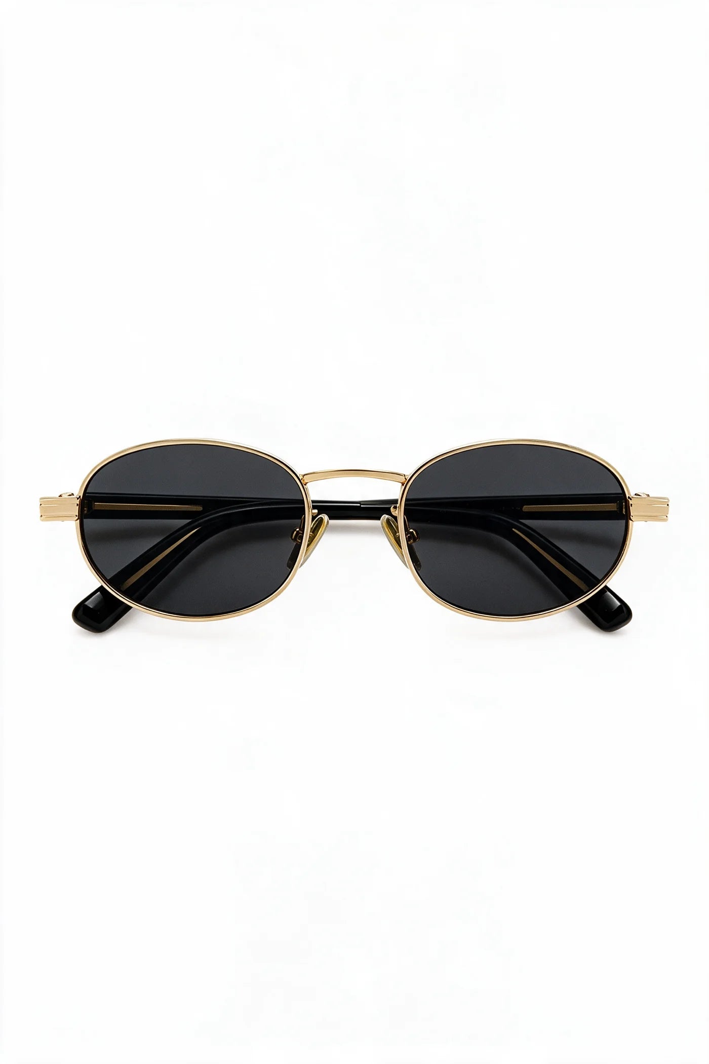 MARA oval sunglasses in black and gold with smoke lenses, front view