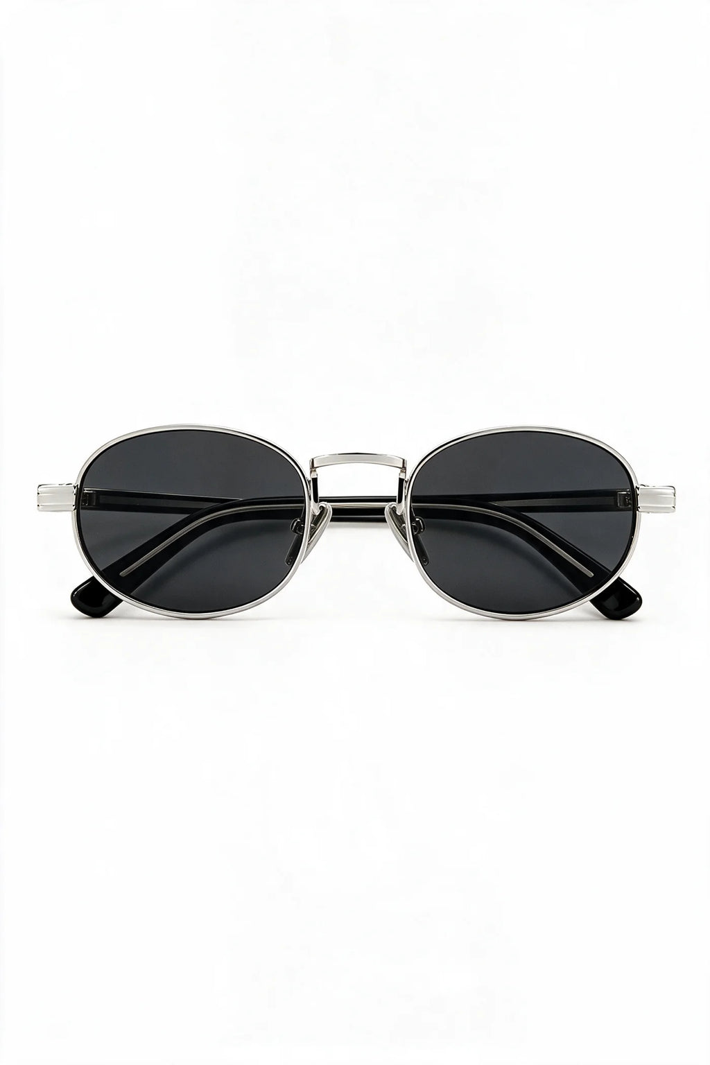 MARA oval sunglasses in black and silver with smoke lenses, front view