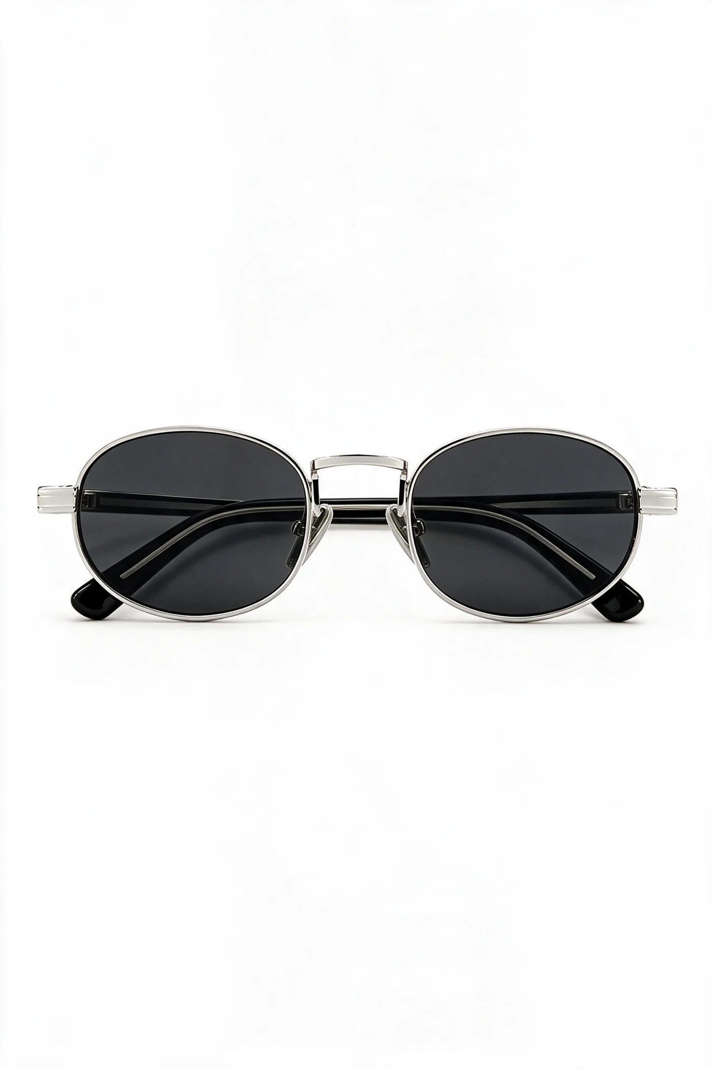 MARA oval sunglasses in black and silver with smoke lenses, front view