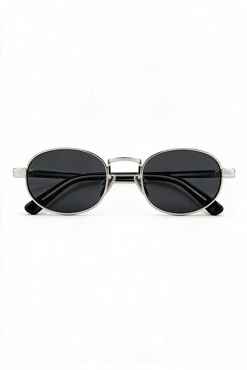 MARA oval sunglasses in black and silver with smoke lenses, front view