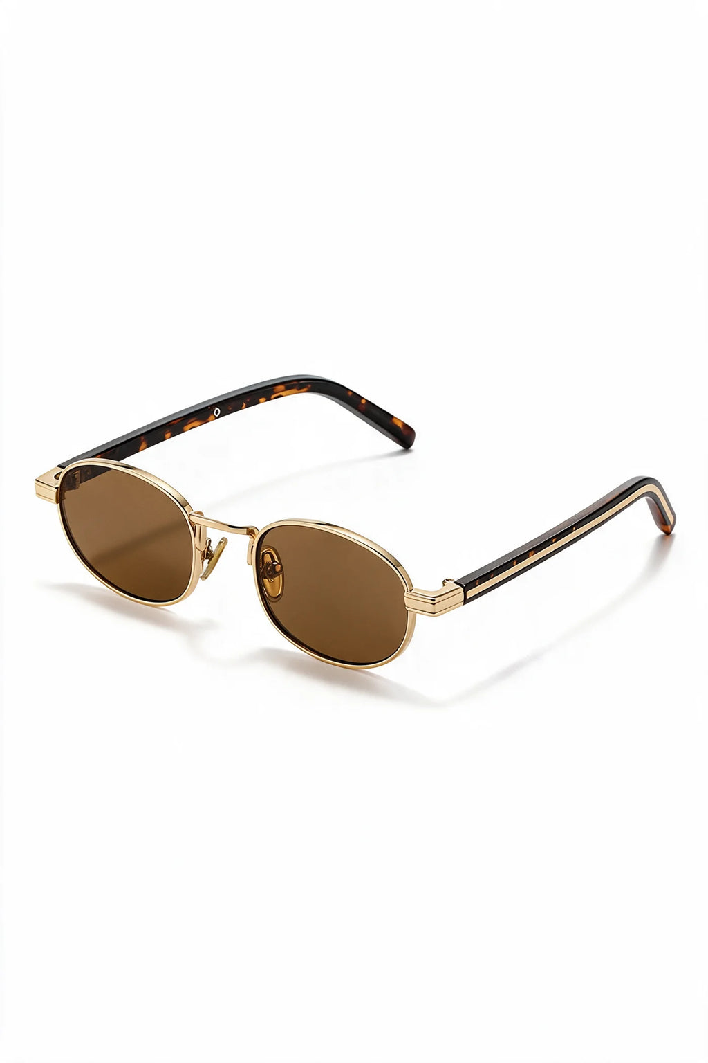 MARA oval sunglasses in gold and tortoiseshell, three-quarter view with temples open