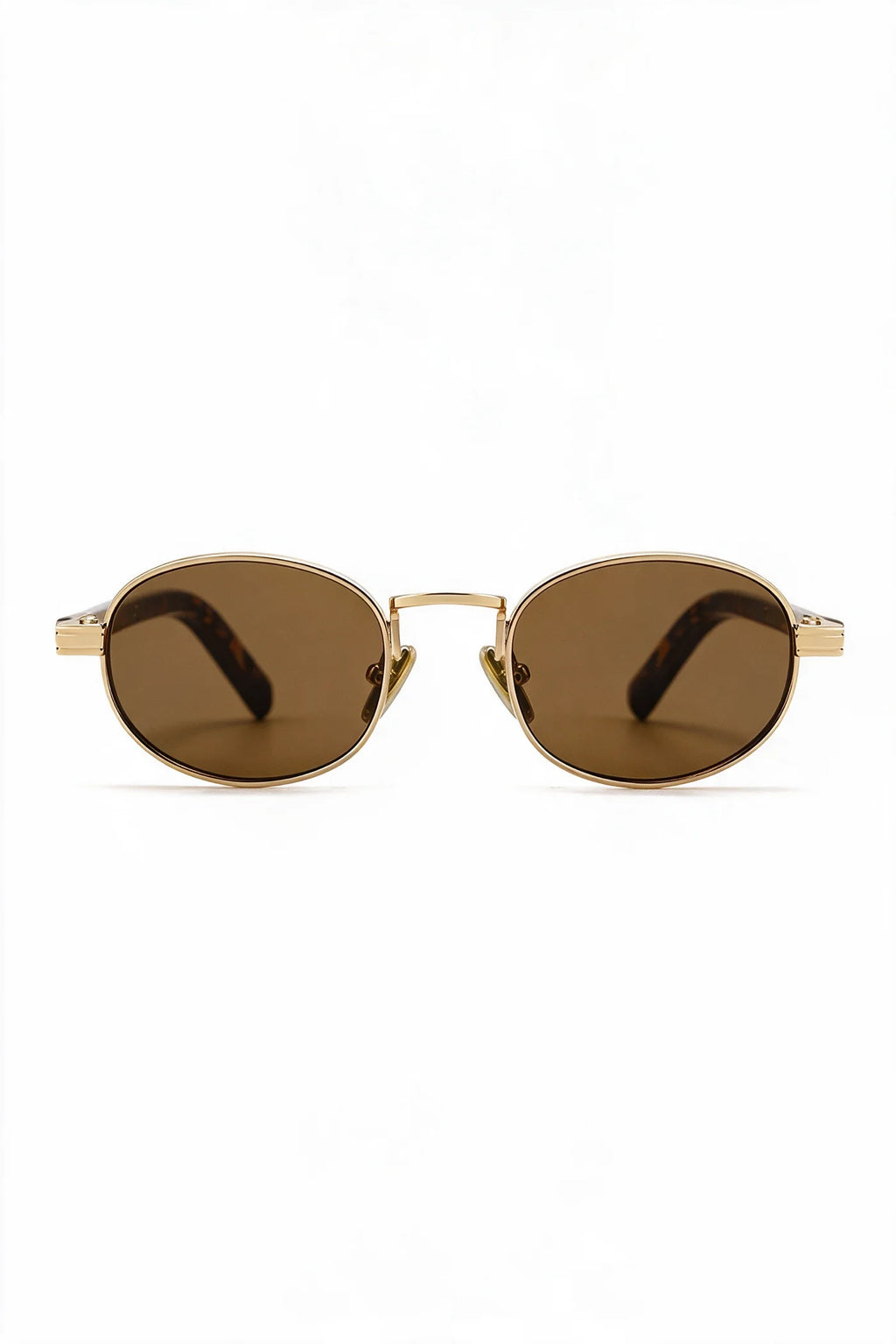 MARA oval sunglasses in gold with tortoiseshell temples and tea lenses, front view