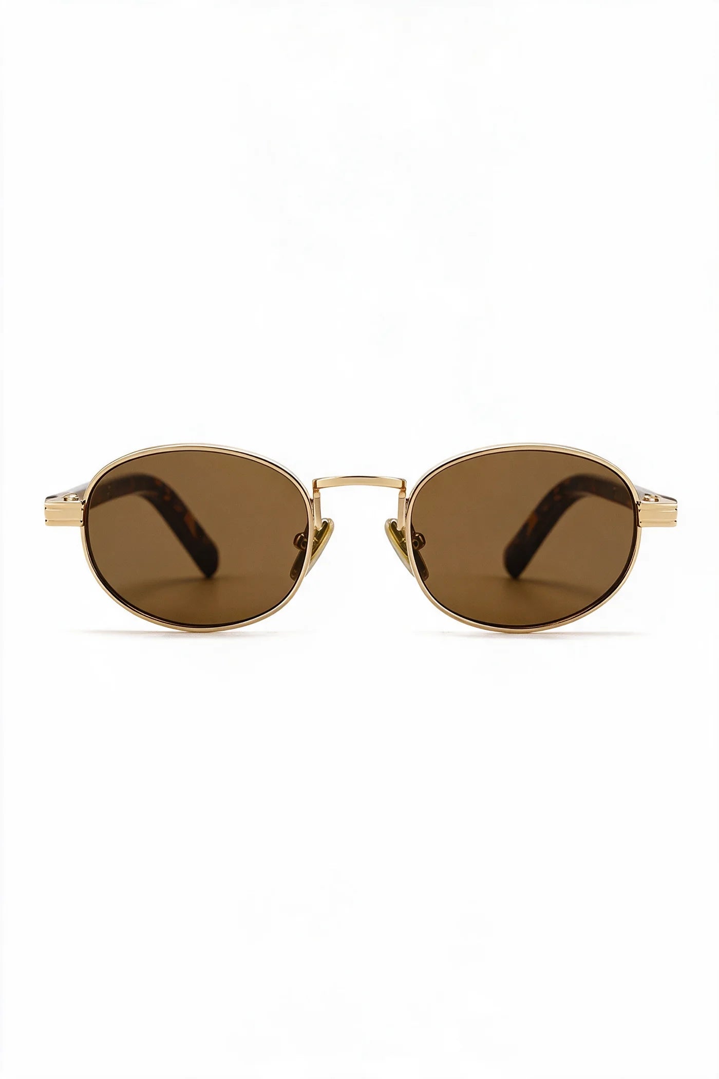 MARA oval sunglasses in gold with tortoiseshell temples and tea lenses, front view