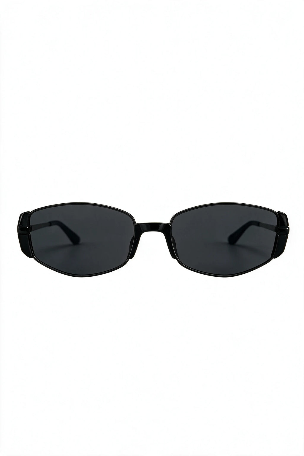 NEVA slim rectangular sunglasses in black metal with smoke lenses, front view