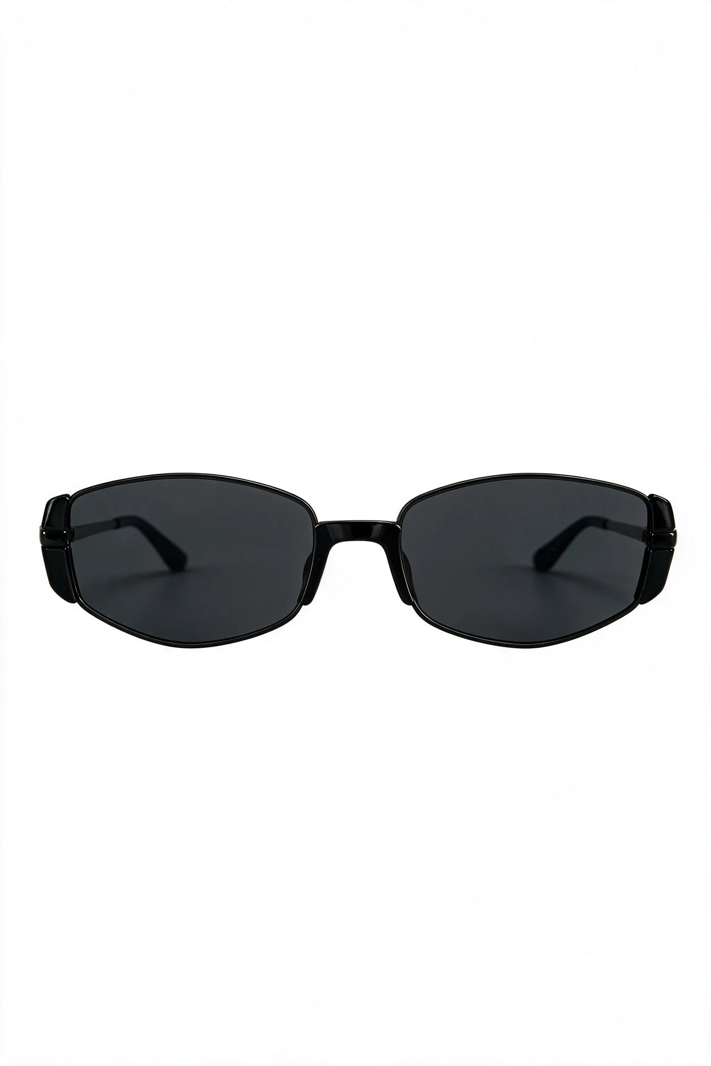 NEVA slim rectangular sunglasses in black metal with smoke lenses, front view