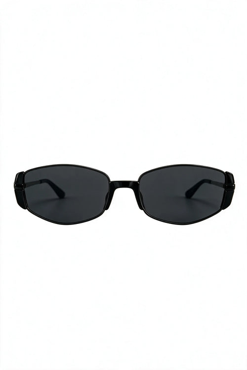 NEVA slim rectangular sunglasses in black metal with smoke lenses, front view