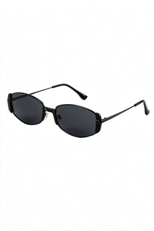 NEVA sunglasses in black, three-quarter view with temples open