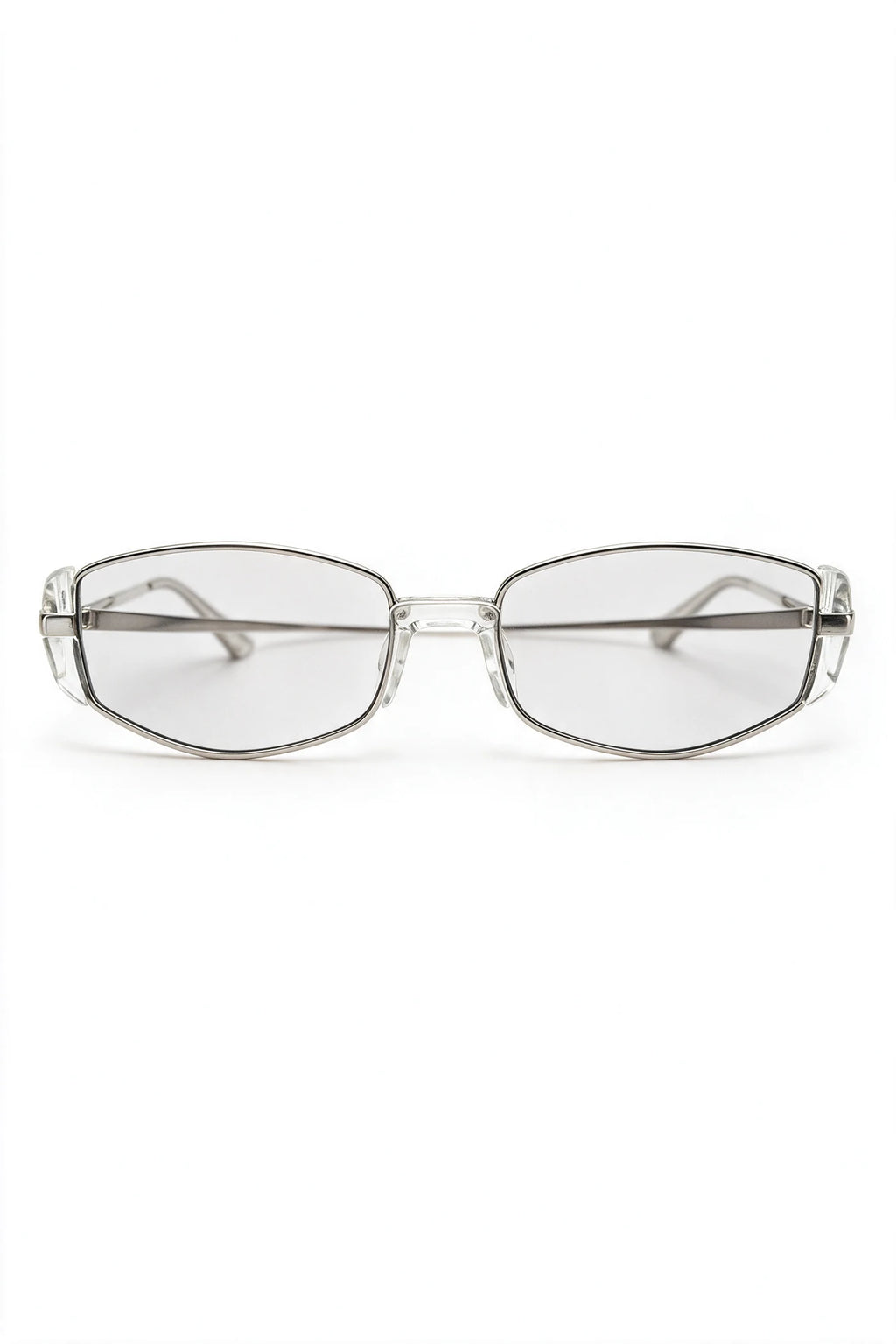 NEVA slim rectangular sunglasses in silver with clear crystal acetate and pale grey lenses, front view