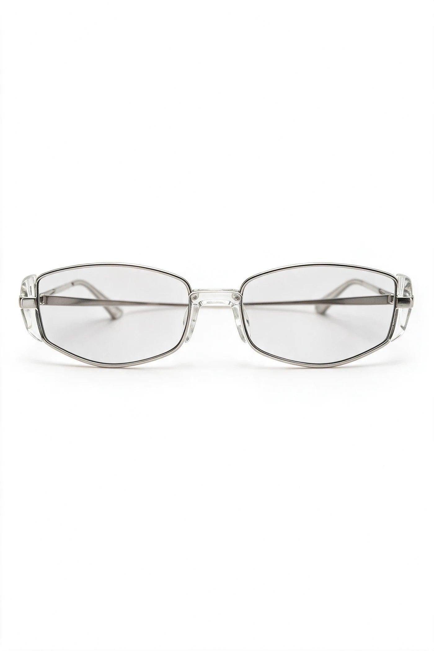 NEVA slim rectangular sunglasses in silver with clear crystal acetate and pale grey lenses, front view