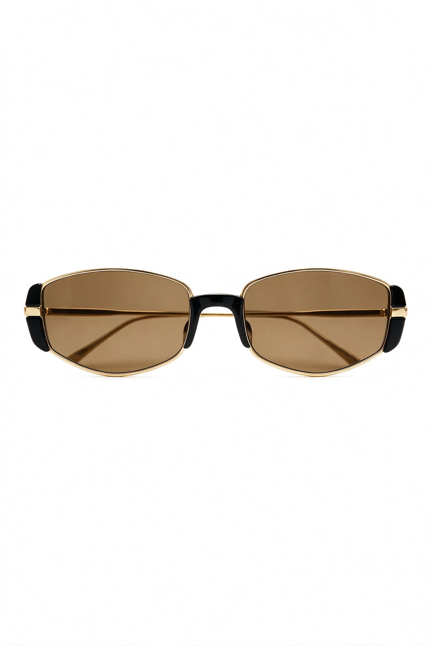 NEVA slim rectangular sunglasses in gold with black acetate and tea-tinted lenses, front view