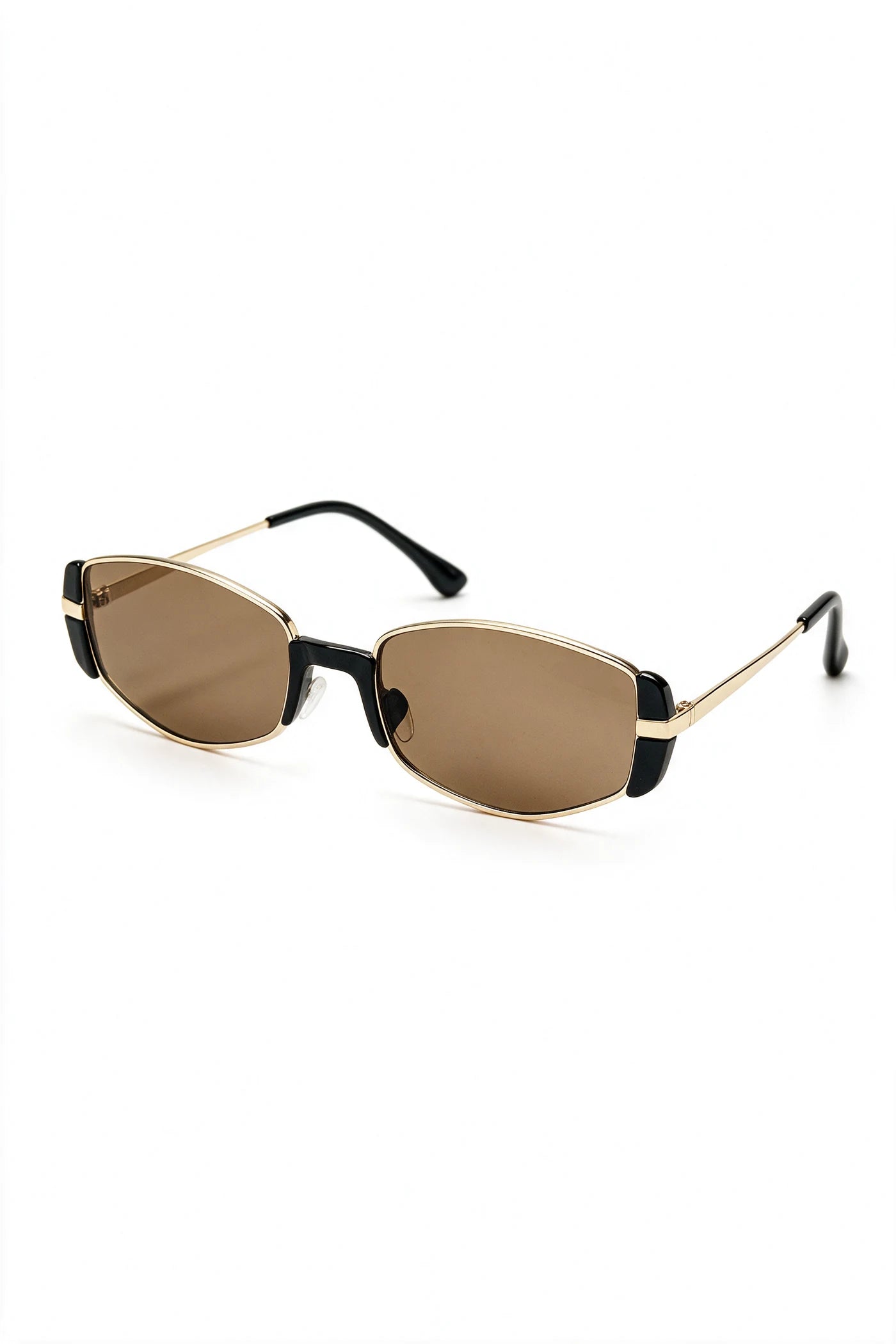 NEVA sunglasses in gold and black acetate, three-quarter view with temples open