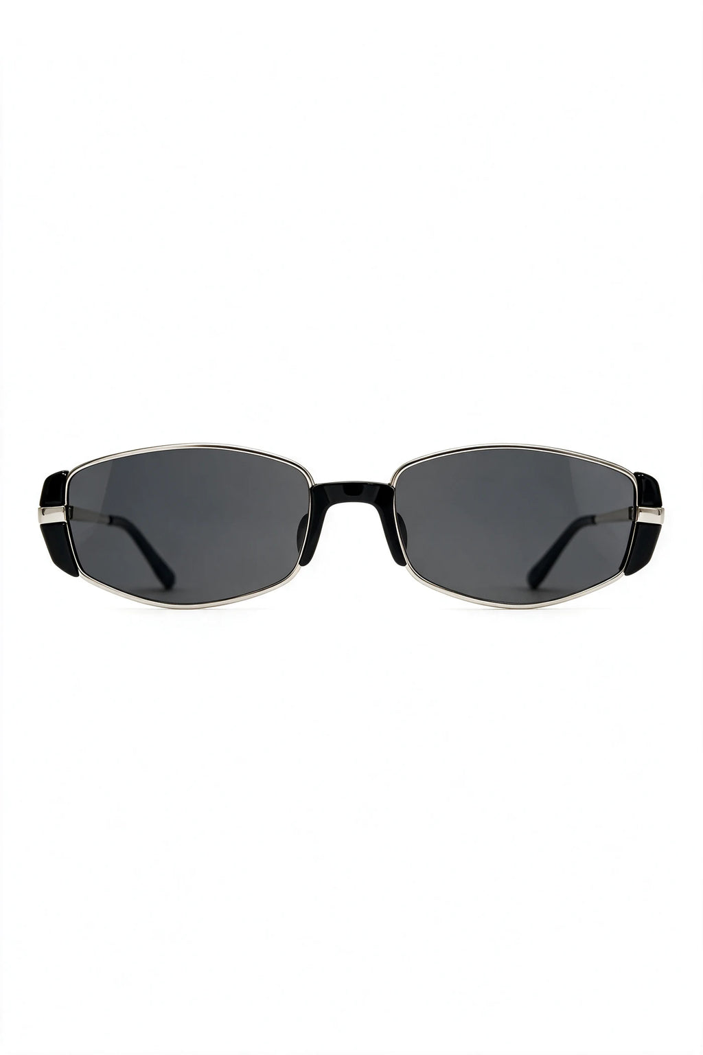 NEVA slim rectangular sunglasses in silver with black acetate and smoke-grey lenses, front view