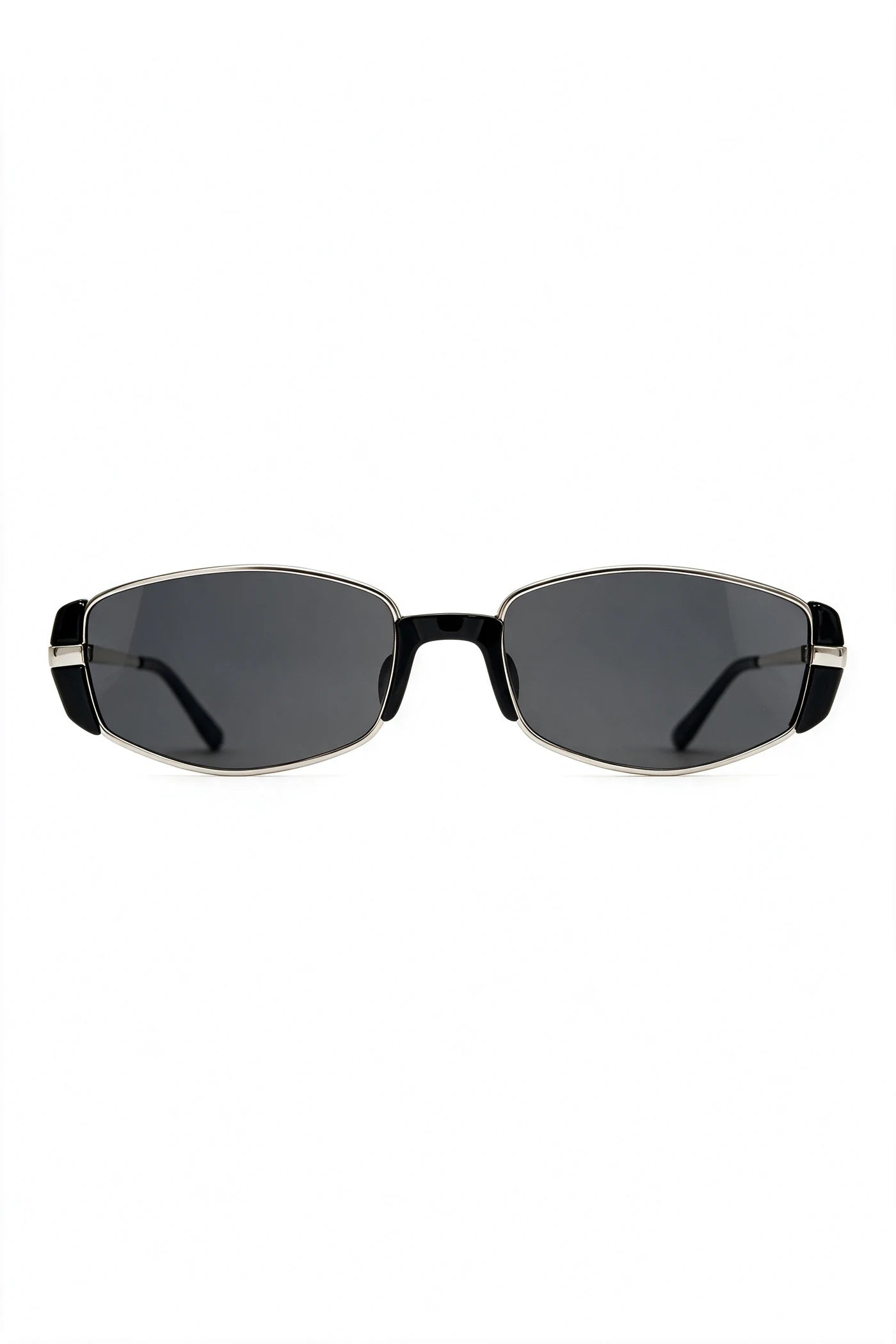 NEVA slim rectangular sunglasses in silver with black acetate and smoke-grey lenses, front view