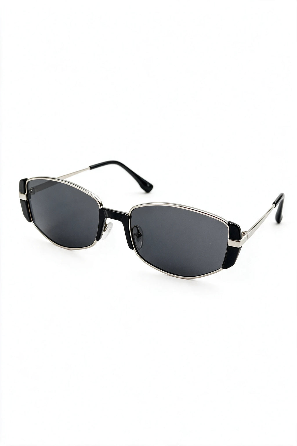 NEVA sunglasses in silver and black acetate, three-quarter view with temples open