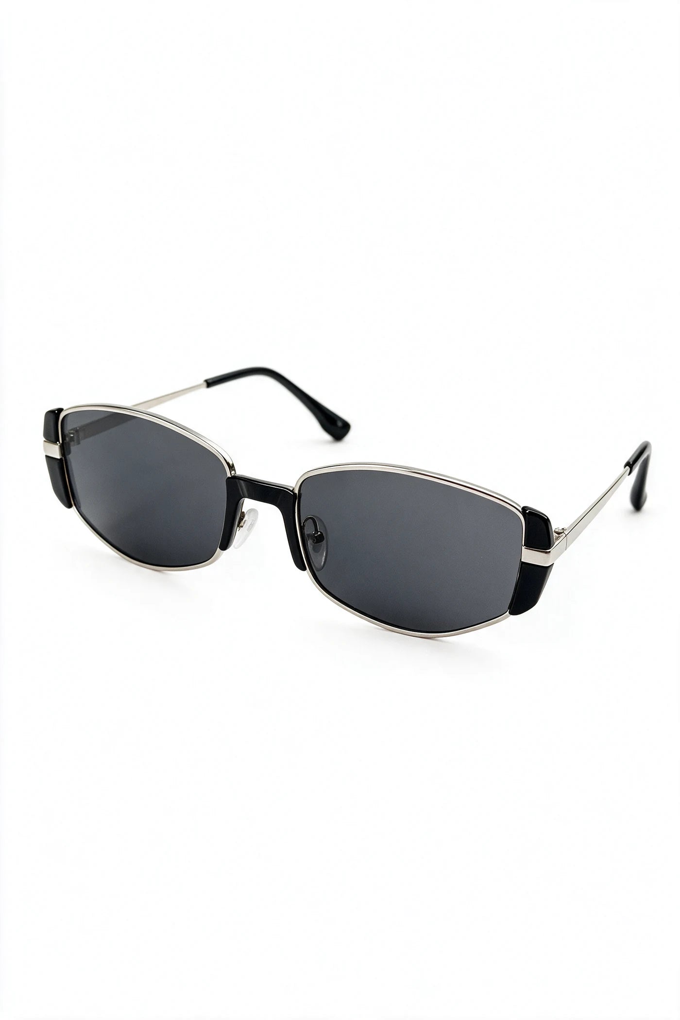 NEVA sunglasses in silver and black acetate, three-quarter view with temples open