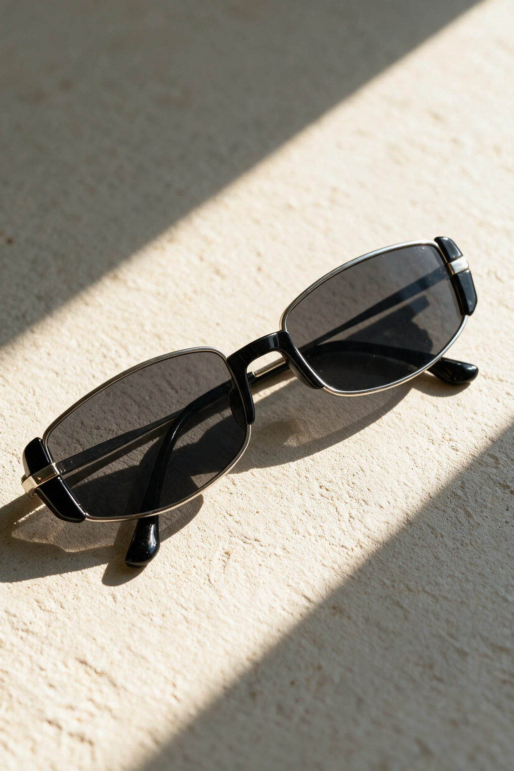 NEVA sunglasses in silver folded on a warm bone plaster surface in raking sunlight