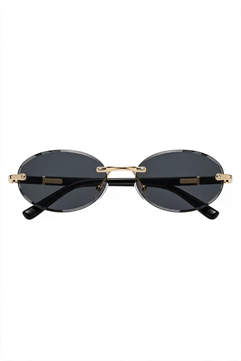 SERA rimless oval sunglasses with smoke black lenses and gold hardware, front view