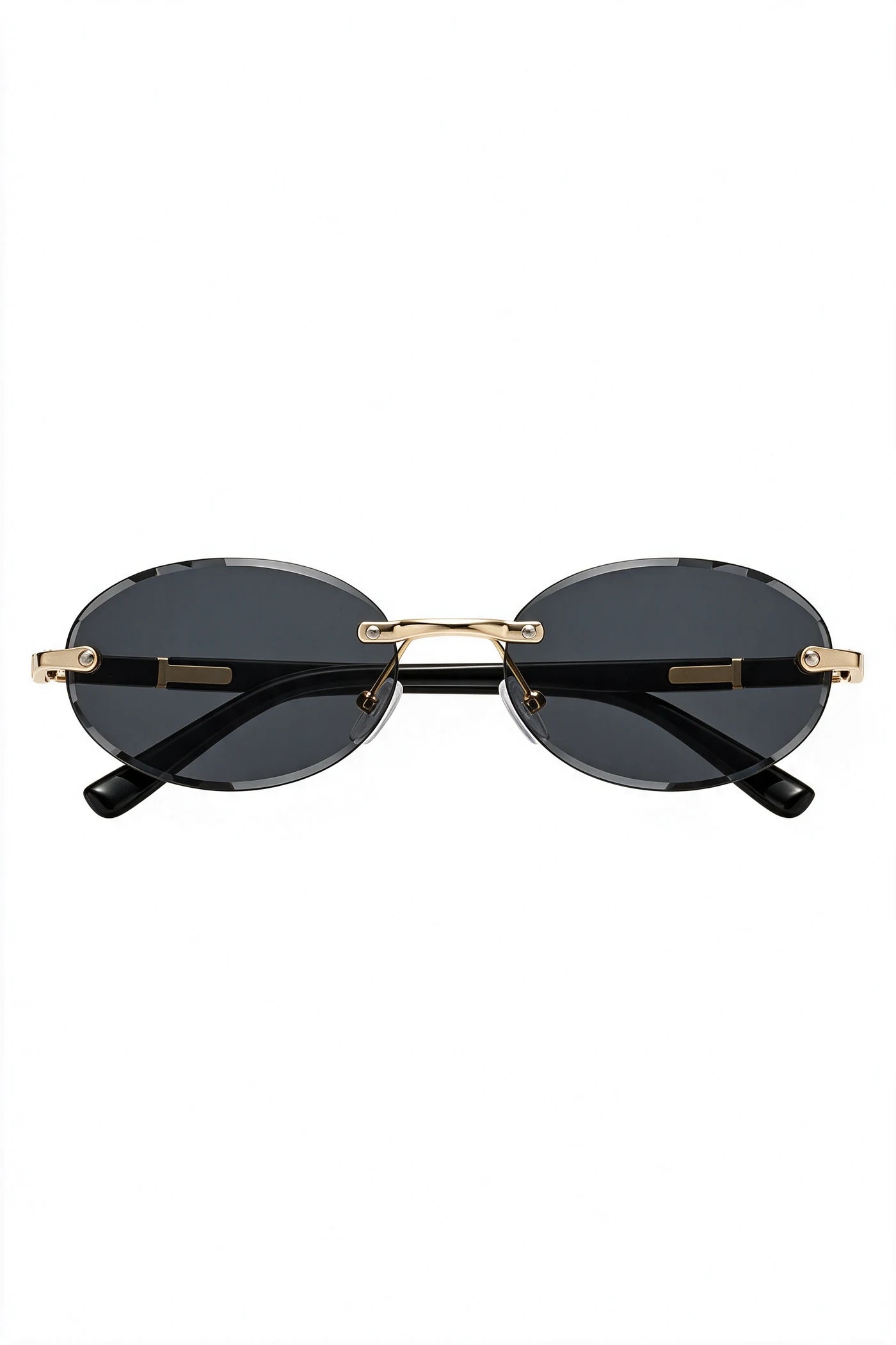 SERA rimless oval sunglasses with smoke black lenses and gold hardware, front view