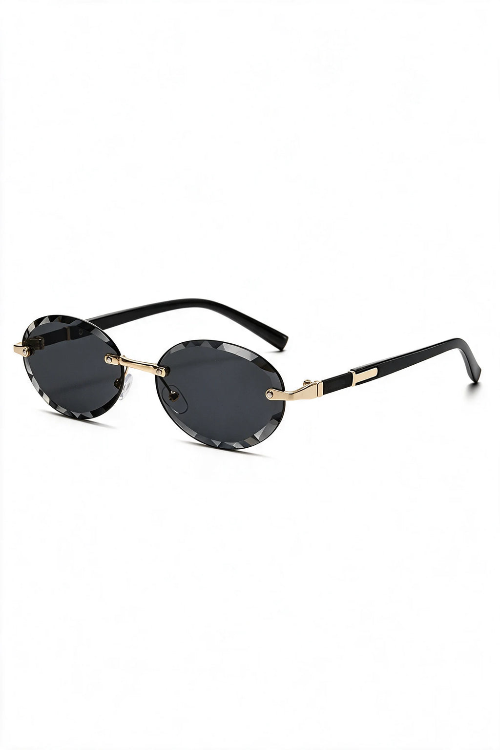 SERA rimless oval sunglasses in smoke black, three-quarter view with temples open