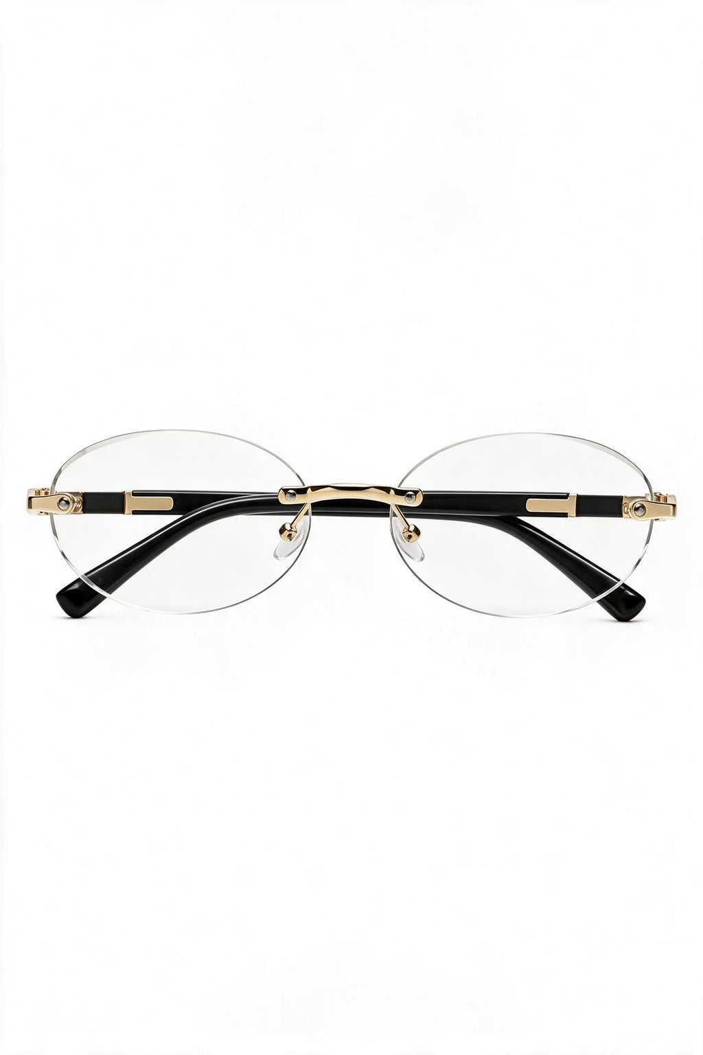 SERA rimless oval frames with clear lenses and gold hardware, front view