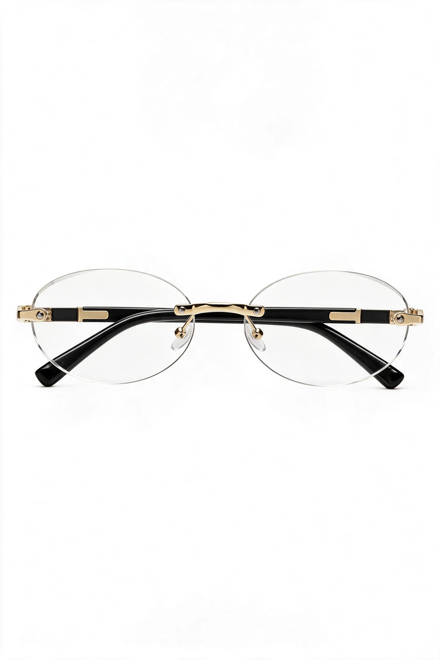 SERA rimless oval frames with clear lenses and gold hardware, front view