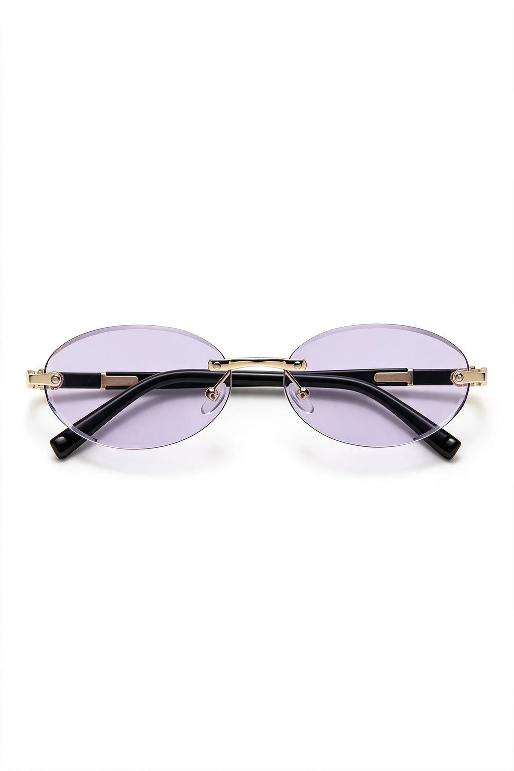 SERA rimless oval sunglasses with pale lilac lenses and gold hardware, front view