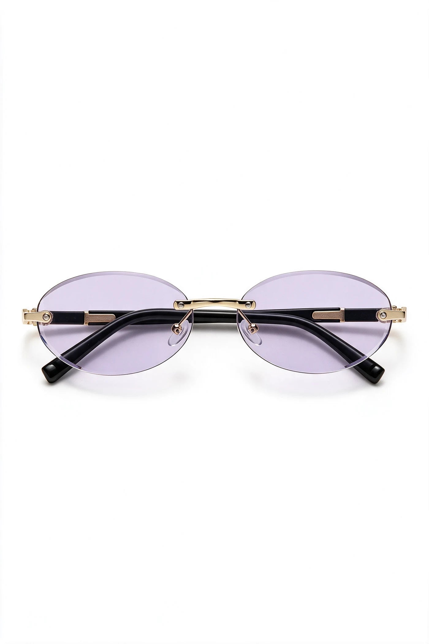 SERA rimless oval sunglasses with pale lilac lenses and gold hardware, front view
