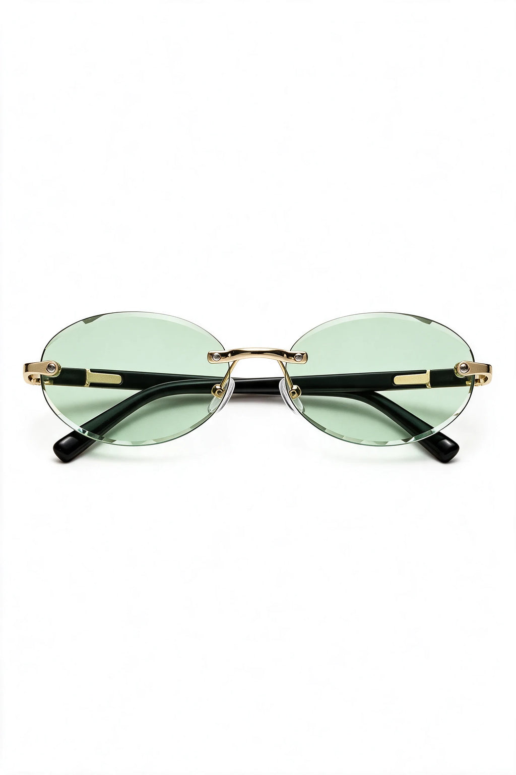 SERA rimless oval sunglasses with pale sage lenses and gold hardware, front view