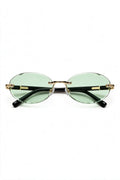 SERA rimless oval sunglasses with pale sage lenses and gold hardware, front view