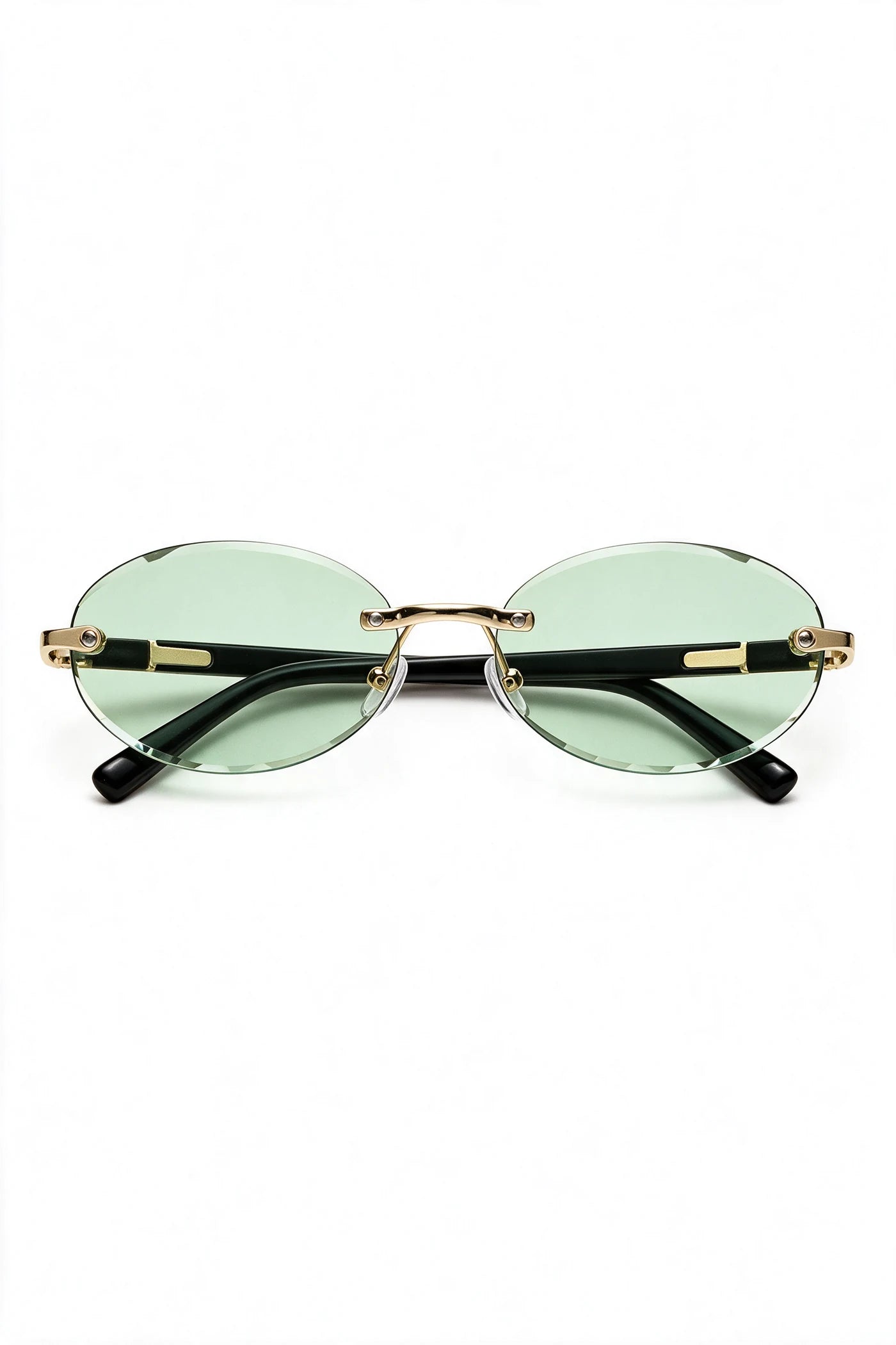 SERA rimless oval sunglasses with pale sage lenses and gold hardware, front view