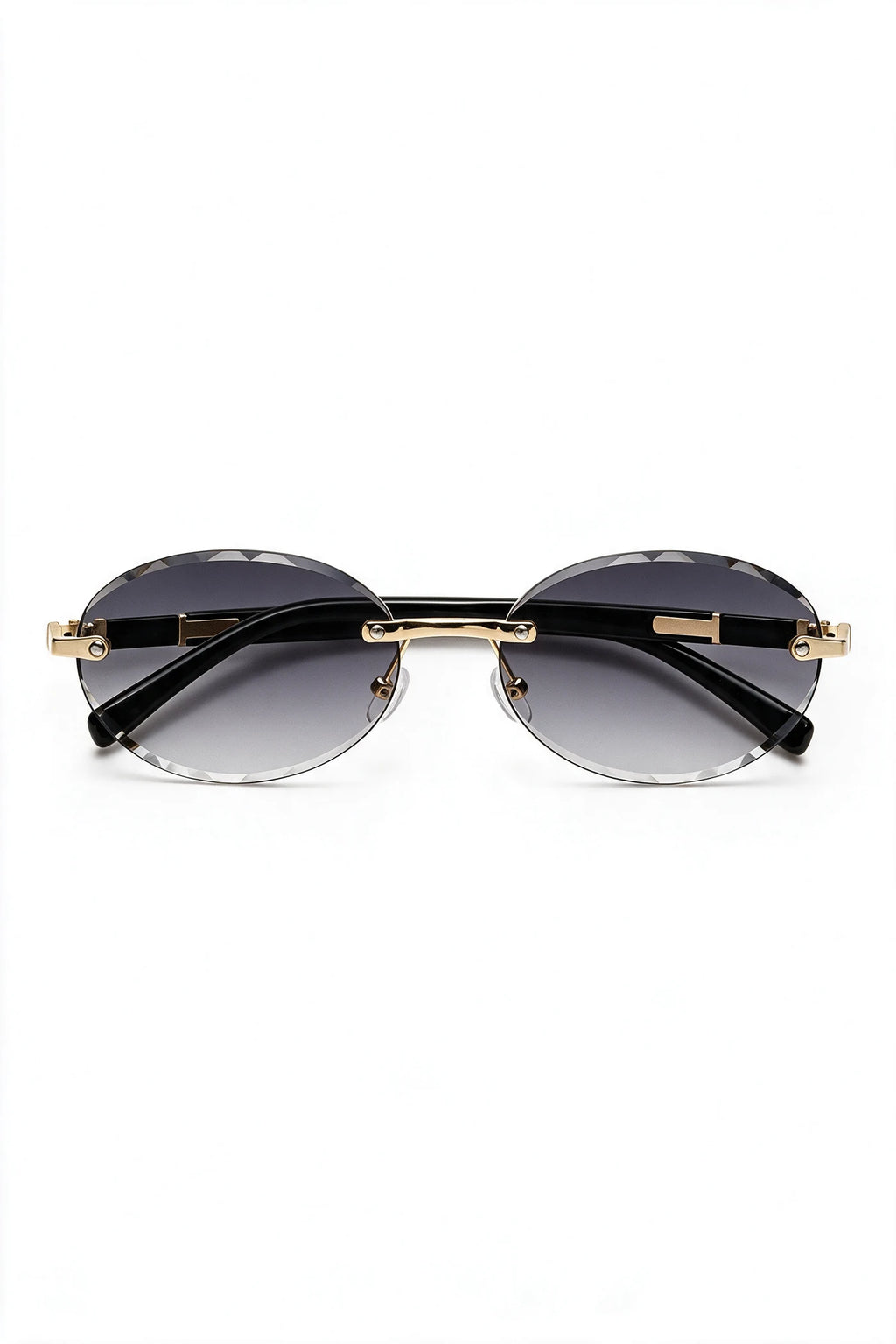 SERA rimless oval sunglasses with gradient smoke lenses and gold hardware, front view