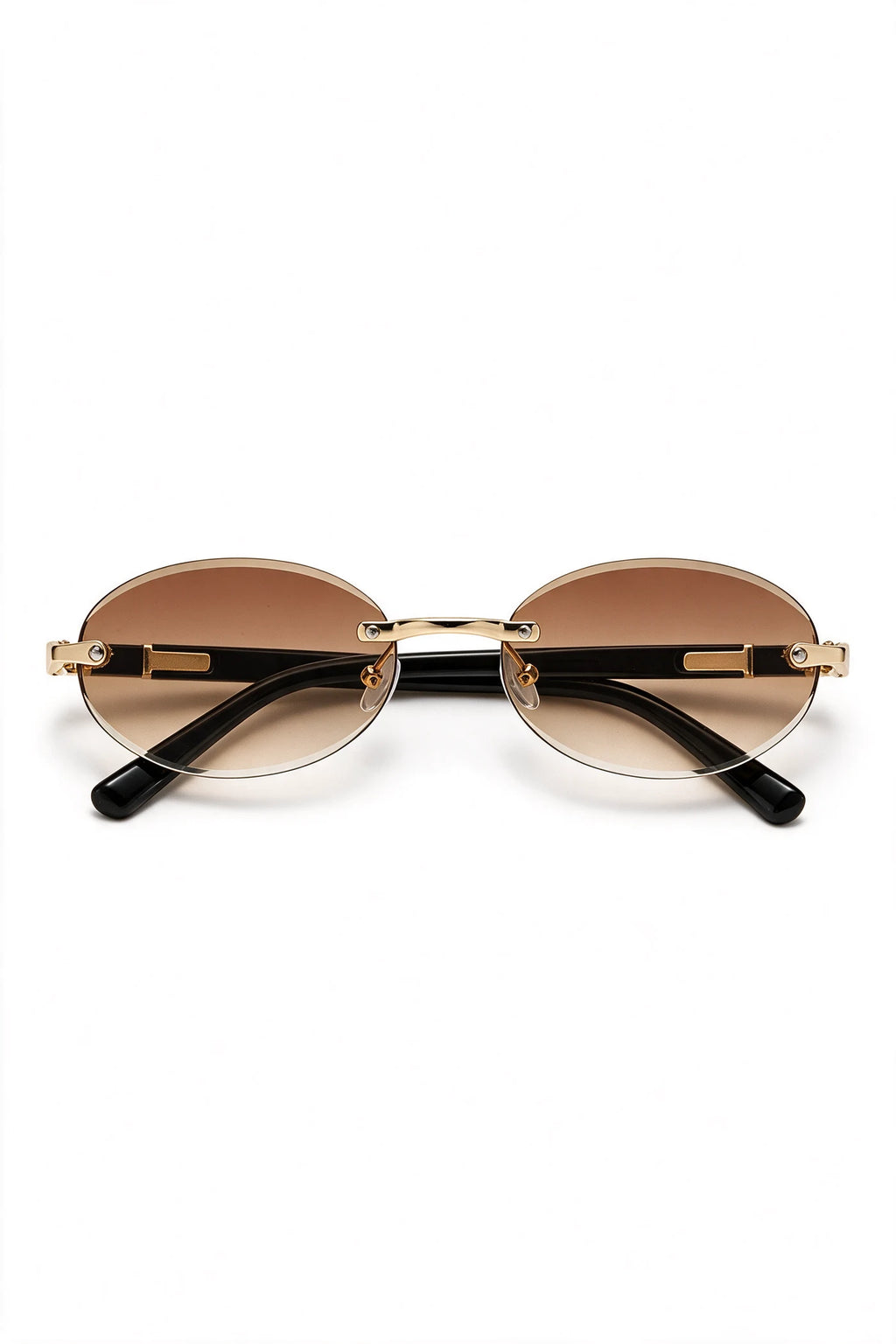 SERA rimless oval sunglasses with gradient tea lenses and gold hardware, front view
